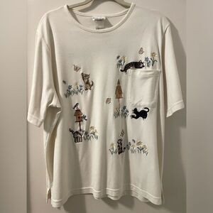 Vintage BonWorth Embroidered Cats Birds Butterflies Birdhouses Flowers Top Sz L